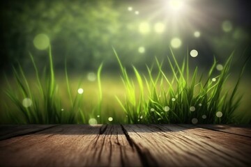 Sticker - Green bokeh, sunlight, and new spring grass on a wooden floor. a lovely natural setting. Generative AI