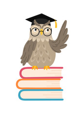 Wall Mural - Wise owl in academic cap sitting on books and points to something. 