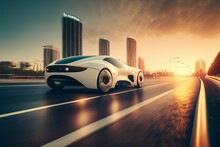 Electric Sport Car Running On The Morning Road In Future City Created With Generative AI Technology.