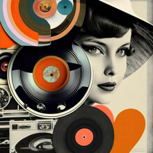 60s Retro Fashion Woman With Records And Hearts. Valentines Day. Generative AI