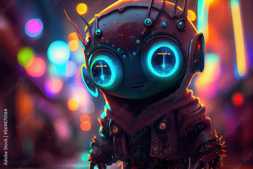 Little cute alien creature in city of future, generative ai