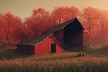 Village Barn And Abandoned Farm Houses Made Of Red Wood In Field. Generative AI