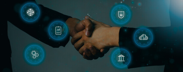 Poster - Business and Technology. Businessman and Businesswoman shake hands blurred background, white digital and interface icon.
