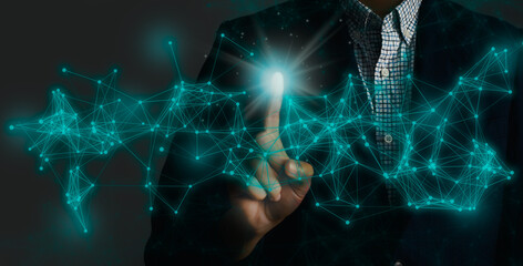 Poster - Technology concept. Businessman finger touching on digital interface internet link dark background.