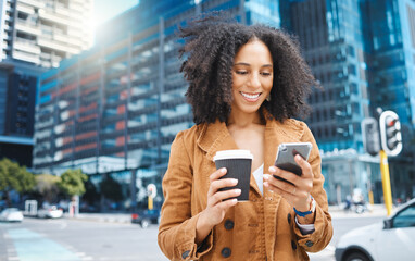 Sticker - Black woman, urban city and coffee with phone on social network, internet search and smile. Happy female walking in street with mobile technology, smartphone and reading notification on 5g connection