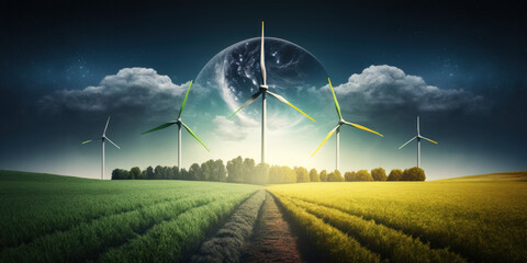 renewable energy background with green energy as wind turbines and solar panels