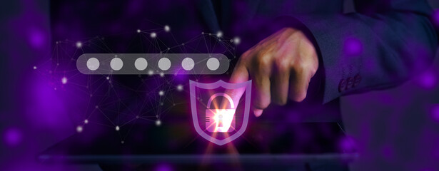 Poster - Technology concept. Businessman touching on black screen tablet to locked and open virtual digital data online dark background.