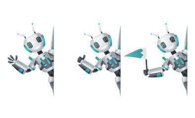 Aufkleber - Robots look out corner. Robotic information banners mockup interface design. Cyborg characters for presentation, online help technology