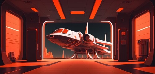 Sticker - Concrete Floor, Neon Red Orange Stage, Showroom Scene, Big White Billboard Spaceship Plane Empty Vibrant Showcase of Sci Fi Futuristic Art Dark cyber illustration for a club. Generative AI