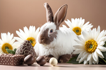 Wall Mural - Cute easter bunny with chocolate easter eggs and spring flowers, photo realistic Generative AI illustration