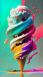 Colorful frozen ice cream swirling wafer cone filled with different types of flavor