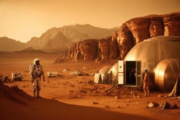 Wall Mural - astronaut ouside lab at planet mars made with generated ai