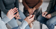 © Lumeez/peopleimages.com - Support with group, therapy and mental health with hands and help, people together talking about problem and crisis. Psychology, healthcare and trust, respect and community in counseling for trauma