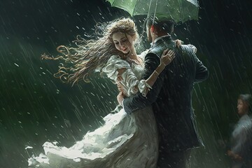 Romantic Couple: A Turkish Girl with Green Eyes in a Green Dress dancing in rain with her men AI Generated