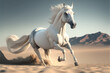 the  galloping  white  horse  on  desert  background. Generative Ai