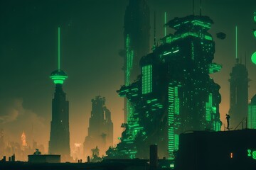 Futuristic sci-fi city. sky has green glow