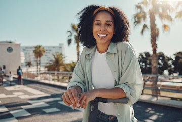 Canvas Print - Portrait, scooter travel and black woman in city with eco friendly transportation outdoors. Technology, transport sustainability and happy female from South Africa with electric moped in street.