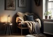 Romantische Leseecke mit flauschigen Decken und Kissen. Kuscheliger 3D Raum mit gedimmten Licht im Winter bei Nacht - KI generiert