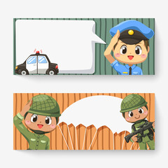 Poster - Banner of police man and army soldier  in cartoon character vector