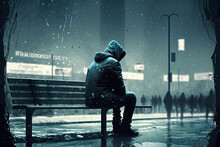 A Person Sitting On A Bench In The Rain, Depression, Generative AI
