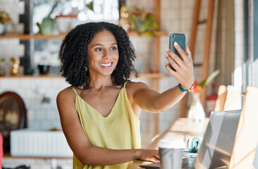 Sticker - Black woman, coffee shop and selfie with smile, happiness and relax for social media, app or profile picture. Young gen z girl, student and cafe with smartphone, photo and laptop for research study