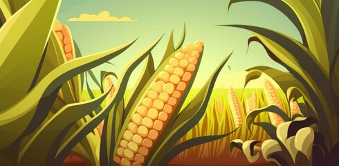Wall Mural - Close up corn cobs in corn plantation field. Generative AI