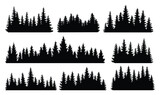 Fototapeta Las - Fir trees silhouettes set. Coniferous spruce horizontal background patterns, black evergreen woods vector illustration. Beautiful hand drawn panorama with treetops forest. Black pine woods