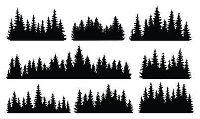 fir trees silhouettes set. coniferous spruce horizontal background patterns, black evergreen woods v