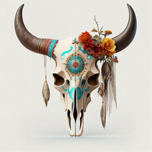 Boho Cow Skull White Background. Generative Ai