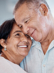 Poster - Senior couple, hug and smile of love, care and romance at home. Happy man, woman and face of retirement people embrace for happiness, support and relax in marriage together, house or trust of partner