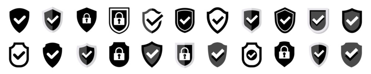 Poster - shield check mark icon set. set of security shield. security shield protection icon with tick. vecto
