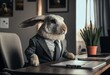 Osterhase im Business Anzug sitzt im Büro bei der Arbeit. Auch Hasen müssen arbeiten. Ideoal als lustige Vorlage zu Ostern, auch als Osterkarte oder Einladung.
