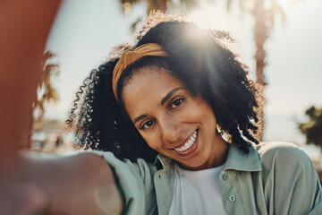 portrait, selfie smile and happy black woman taking pictures to remember memory, social media or pro