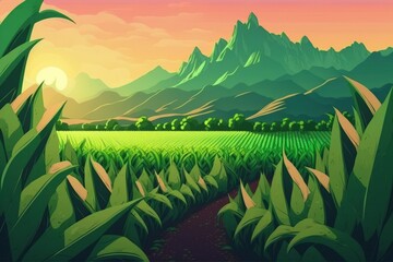 Poster - green corn field in agricultural garden and light shines sunset in the evening Mountain background. Thailand. Generative AI