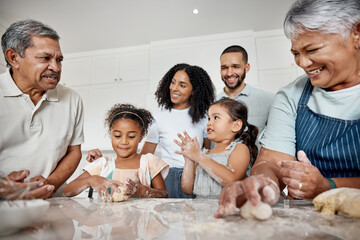 Canvas Print - Cooking, learning and big family with kids in kitchen baking dessert or pastry dough. Education, care and mother, father and grandparents teaching sisters or children how to bake, bonding or laughing