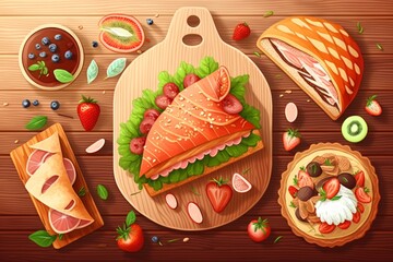 Different takeout food on wooden kitchen table. Italian panini sandwich, french croissant with salmon, strawberry pancakes and chocolate cheesecake. Close up, top view, pov, copy space, background