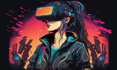 Canvas Print - Cyberpunk futuristic female wearing virtual reality goggles. Conceptual technology, showing a young gamer donning VR. Generative AI