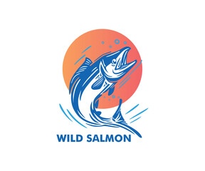 Wall Mural - WILD SALMON FISH LOGO, silhoette of great fish swimming vector illustrations