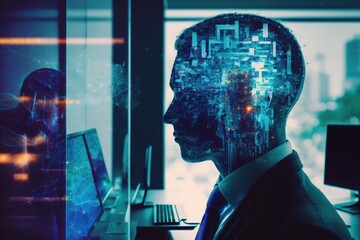 Poster - Holographic representation of a human head in an abstract virtual artificial intelligence interface with a modern, equipped office surroundings. Multiexposure. Generative AI
