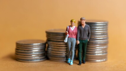 Wall Mural - Miniature people, Happy couple standing on coins stack, Financial Concept