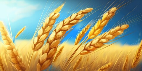 Poster - Closeup ears of golden wheat field. Beautiful rural background sunlight with blue sky, down view. Generative AI