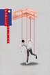 Social magazine creative collage of young guy tangled string manipulate public opinion on grey color background