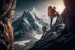 Climbers climb mountains behind which the sun rises, two climbers are moving towards the mountains, generated ai