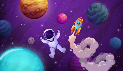 Poster - Cartoon astronaut, planets and space landscape