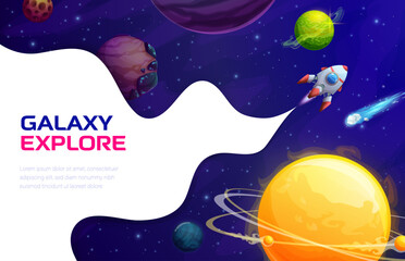 Poster - Space landing page, vector background with rocket