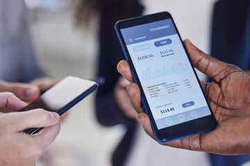 Poster - Screen, phone and hands for stock market, trading and cryptocurrency mobile app, fintech or digital finance. Smartphone, technology or financial platform for networking, e commerce or NFT stocks data