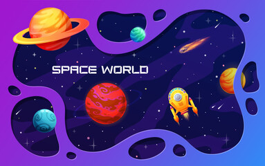 Poster - Paper cut space landscape and cartoon spacecraft