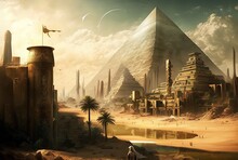 Ancient Egypt Desert Landscape With Pyramid And Architecture With High Technology Things, Idea For Lost Civilization, Mystery Lost Technology Theme, Background, Generative Ai