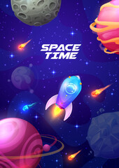 Poster - Cartoon space landscape with rocket spaceship