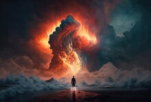 A Brave Man Standing On Shore Facing Fire Storm, Idea For Fearless Theme, Decide To Face Problem, Background Wallpaper, Generative Ai